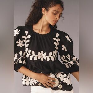 NWOT By Anthropologie Puff-Sleeve Embroidered Blouse Black/White Women’s Small
